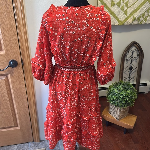 Max Studio Red Sundress with Ruffled Tiered Skirt and 3/4 Bishop Sleeves size S - Picture 10 of 12